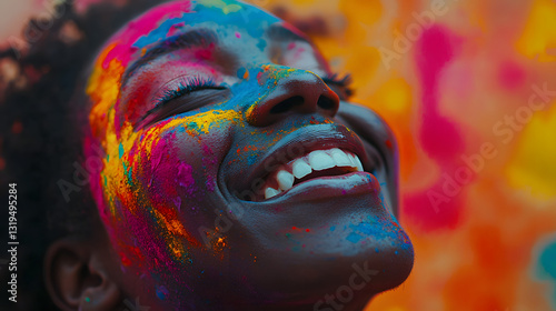 colorful face, Holi festival, vibrant colors, happy expression, joyful moment, close-up portrait, festival celebration, artistic photography, cultural festival, neon colors, creative makeup, abstract 