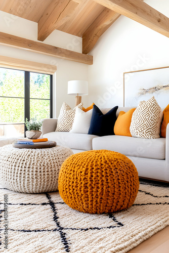 Cozy living room with accent pillows and poufs