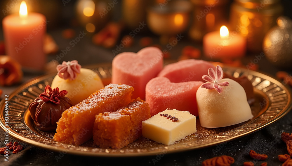 Assorted sweets elegantly arranged on a plate with candles in a cozy setting