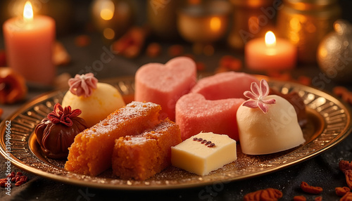 Obraz na płótnie Assorted sweets elegantly arranged on a plate with candles in a cozy setting w salonie