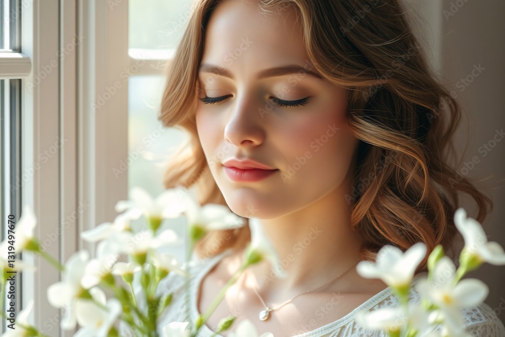 Peaceful Woman Enjoying Sunshine Through Window With Flowers in Foreground Peaceful Woman Enjoying Sunshine Through Window With Flowers in Foreground