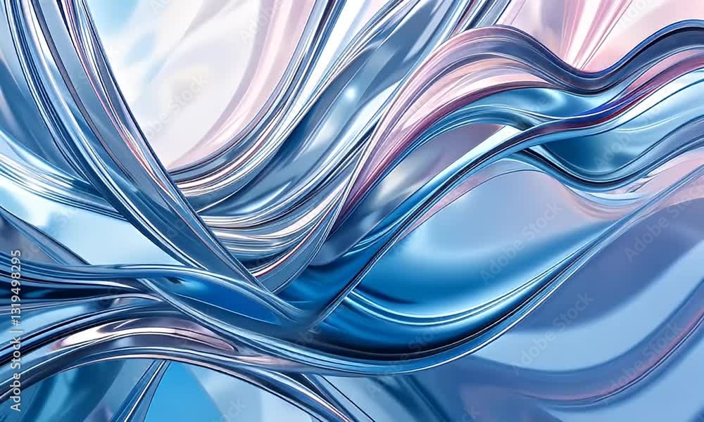 Modern Abstract Metallic Blue Waves and Lines Background with Shiny Smooth Surfaces Digital Art Design Texture and Flowing Forms