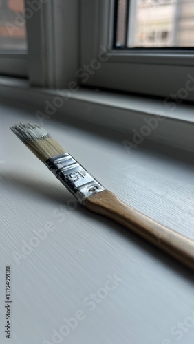 small paint brush on a wooden white background macro 