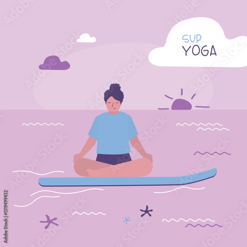 Paddleboarding, concept banner. Paddleboarding SUP, female character stand up paddle board in a yoga posture on calm water with sky and ocean on the background