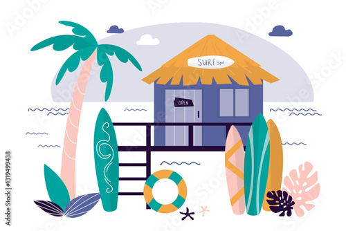 Shack house on beachfront, bungalow country building cottage on ocean shore. Surf school, spot, surfboards. Summer beach house or tropical bungalow hotel, nature landscape.