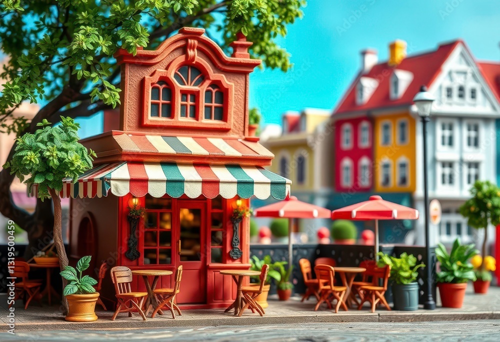 Quaint cafe, miniature city backdrop, striped awning, charming building, homey, vintage Quaint cafe, miniature city backdrop, striped awning, charming building, homey, vintage
