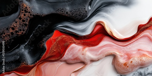 Vibrant abstract flowing paint patterns in red, black, and white