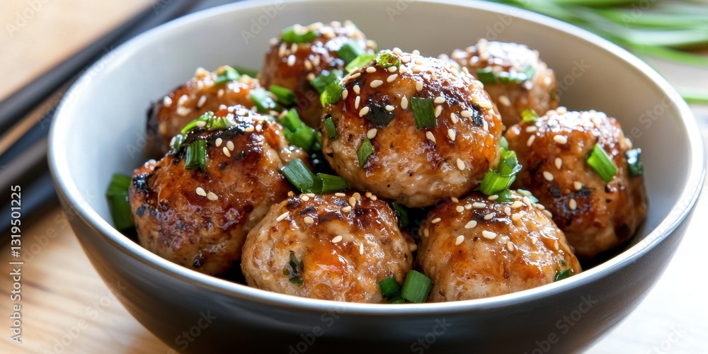 Delicious asian pork meatballs garnished with sesame seeds and green onions Delicious asian pork meatballs garnished with sesame seeds and green onions
