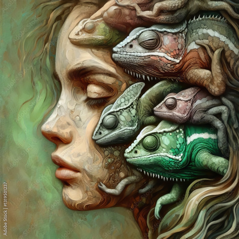 Naklejka premium Embracing Change Chameleon: Metaphorical Girl Portrait Shapeshifting