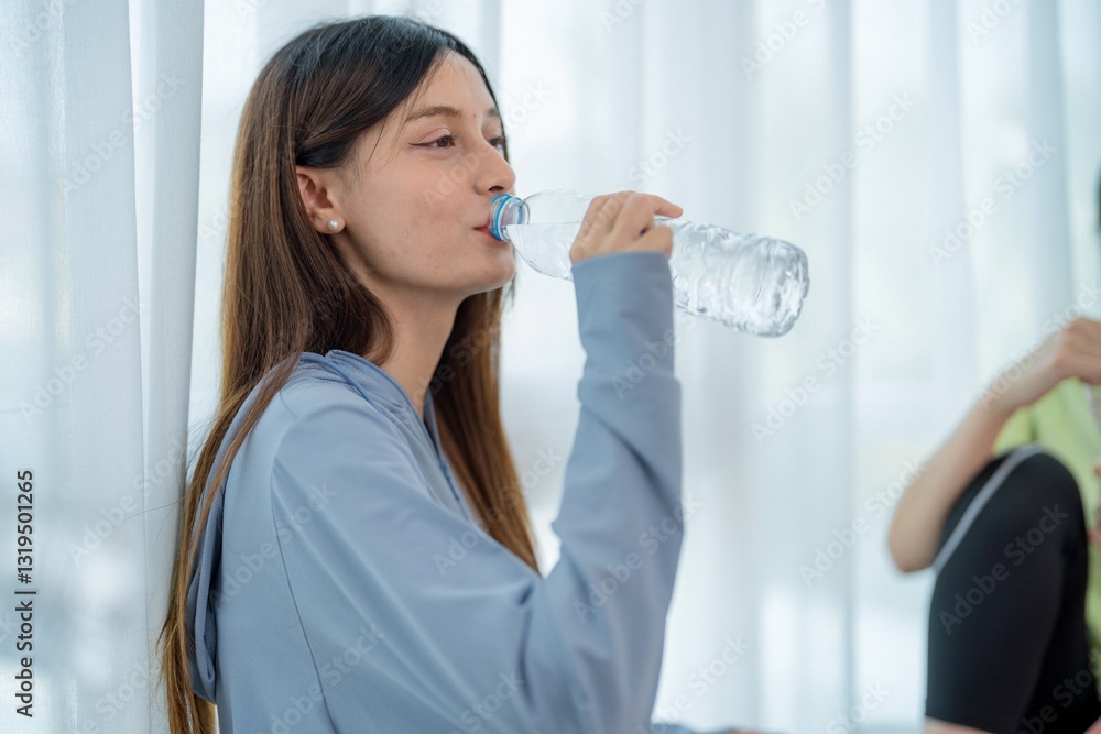 Young woman drinks water while relaxing in a bright, airy room during a wellness session in the afternoon Young woman drinks water while relaxing in a bright, airy room during a wellness session in the afternoon