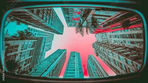 A Surreal Vaporwave Cityscape with Tall Skyscrapers and Neon Lights