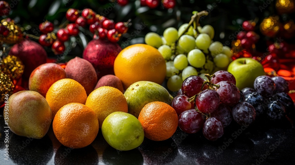 Vibrant fruit display on altar table traditional setting still life indoor close-up cultural significance Vibrant fruit display on altar table traditional setting still life indoor close-up cultural significance