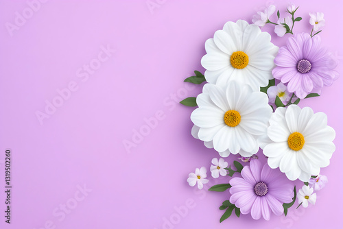Delicate floral arrangement of white and lavender daisies on a pastel purple background