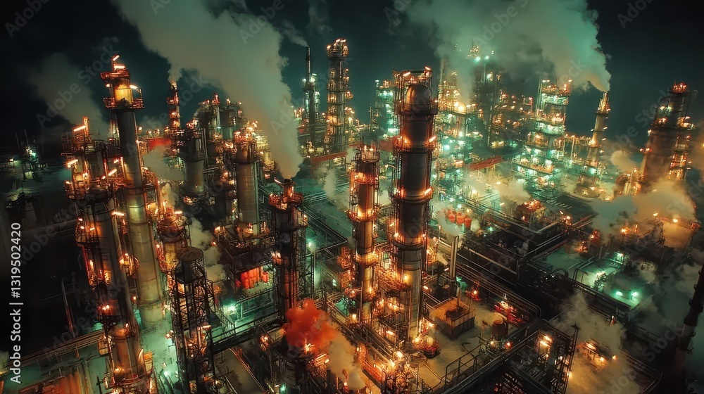 Fototapeta premium Aerial View of Industrial Complex with Smoke and Night Lighting