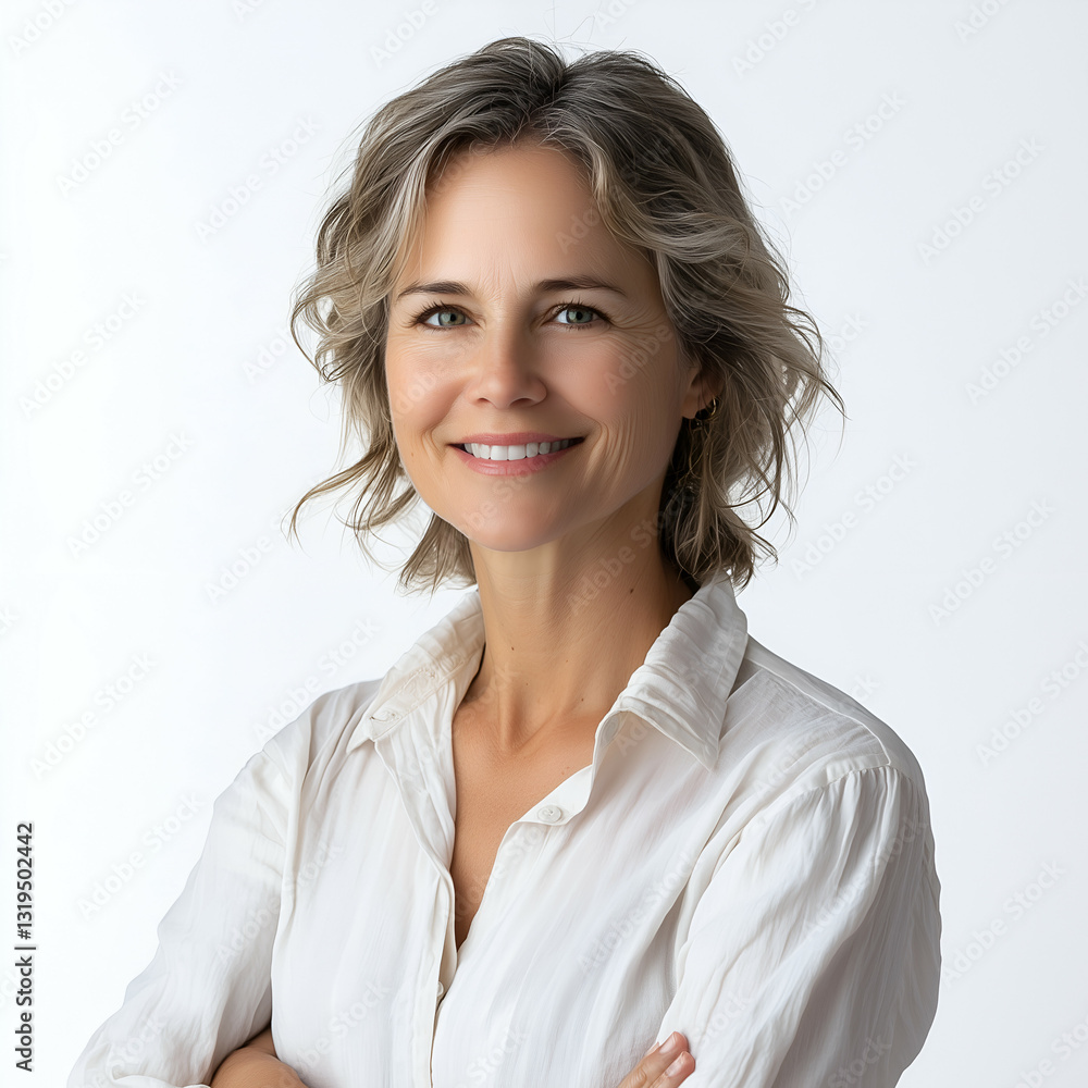 Fototapeta premium Professional Headshot of a Smiling, Confident Blonde Businesswoman in Casual White Shirt - Image for Personal Branding and Communication