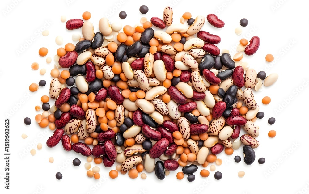 Varied Assortment of Vibrant Legumes and Grains Scattered on a Plain White Background Varied Assortment of Vibrant Legumes and Grains Scattered on a Plain White Background