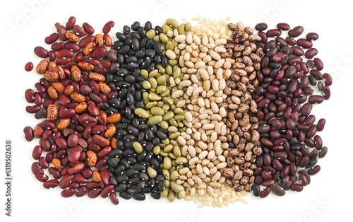 Diverse Assortment of Colorful Mixed Beans Scattered on Isolated White Background photo