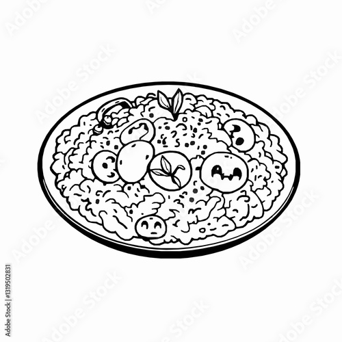 black outline vector of a risotto dish with mushrooms and herbs, background white