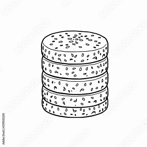 black outline vector of a rice cake stack with sesame seeds, perfect for healthy snacking and food branding