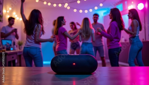 Portable speaker sets the vibe at a lively house party with dancing friends