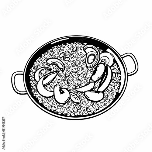 black outline vector of a paella pan with rice and seafood, showcasing Spanish cuisine and traditional cooking