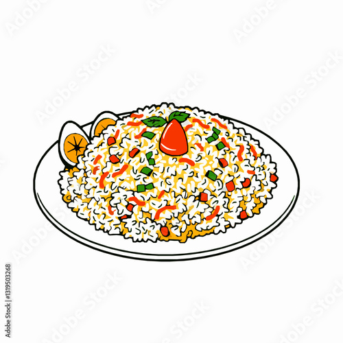 black outline vector of a plate of biryani rice with garnishes, representing Indian and Middle Eastern cuisine