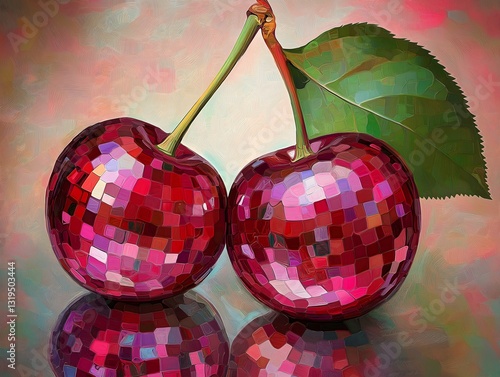 Two Cherries with the Fruit Part Covered in Water Droplets