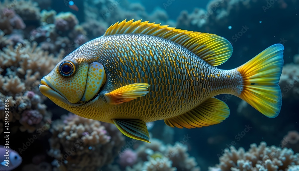 Naklejka premium sea fish in coral reefs have developed distinct adaptations such as camouflage, mimicry, and impressive survival strategies to thrive in their underwater environment See Less By pixelinlove