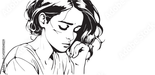 Pensive young woman resting chin on hand: black and white portrait IA