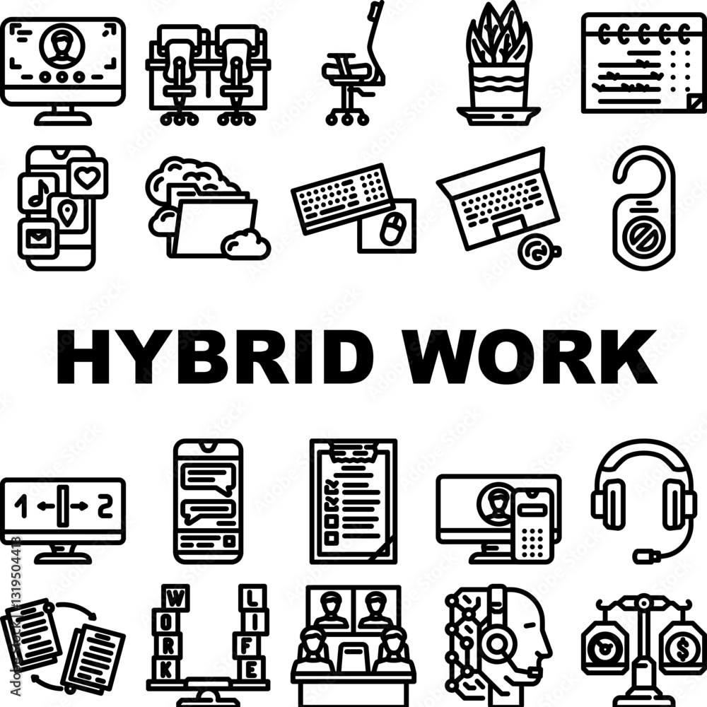 Fototapeta premium hybrid work model remote icons set vector