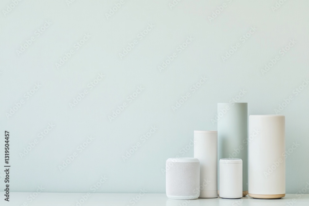 collection of modern home gadgets arranged aesthetically on minimalist table large blank wall in background collection of modern home gadgets arranged aesthetically on minimalist table large blank wall in background
