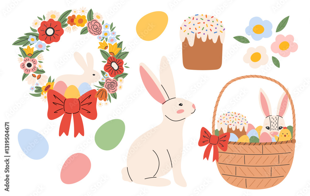 Obraz premium Cute Easter set. Spring collection with rabbits, flowers wreath, painted egg, basket. Vector illustration in flat hand drawn style
