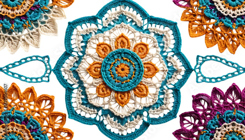 Colorful crochet lace mandala designs intricate patterns png