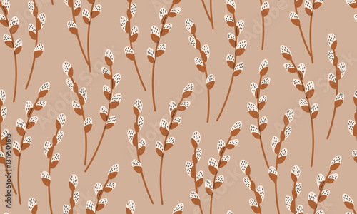 Seamless pattern willow branches. Spring background. Easter pussy willows. Flat vector illustration in hand drawn style