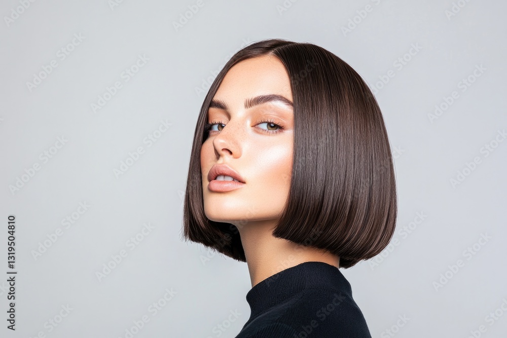 Naklejka premium confident woman with trendy textured bob haircut faces camera her sleek hairstyle capturing attention amidst minimalist