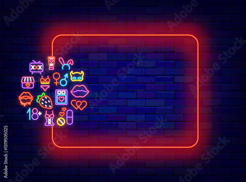 Sex shop neon banner. Empty red frame with circle layout with icons. Adult toys. Intimate store. Vector illustration
