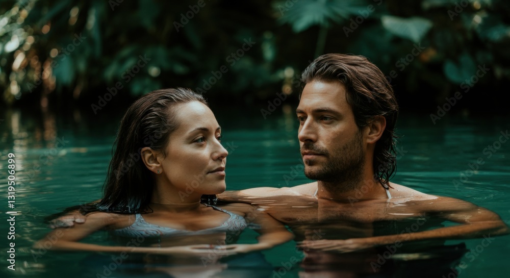 Young caucasian couple relaxing in tropical jungle pool Young caucasian couple relaxing in tropical jungle pool