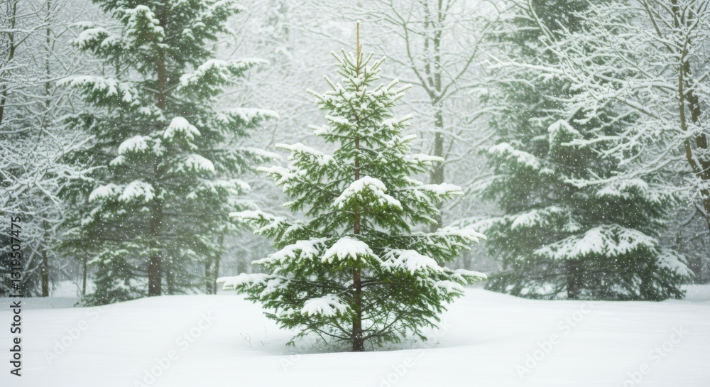 Naklejka premium Snowy Forest Scene with Evergreen Tree in Winter Wonderland Ambiance