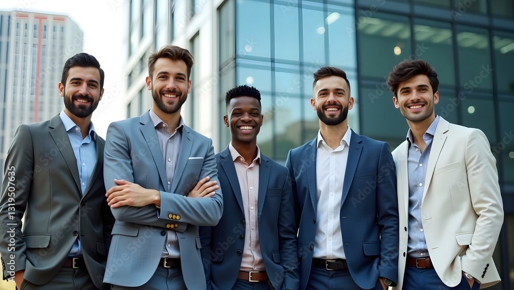 group of confident businessmen standing outside a corporate building, discussing strategies, networking and preparing for a professional business meeting in a modern work environment group of confident businessmen standing outside a corporate building, discussing strategies, networking and preparing for a professional business meeting in a modern work environment