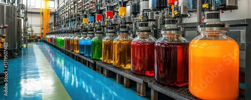 Colorful chemical processing lab with various liquids in containers