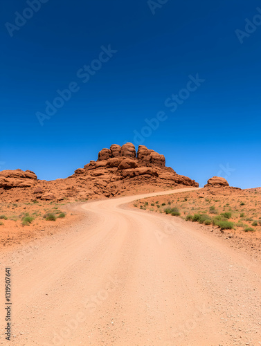 Dusty road winding through red rock landscape under a vibrant blue sky photo