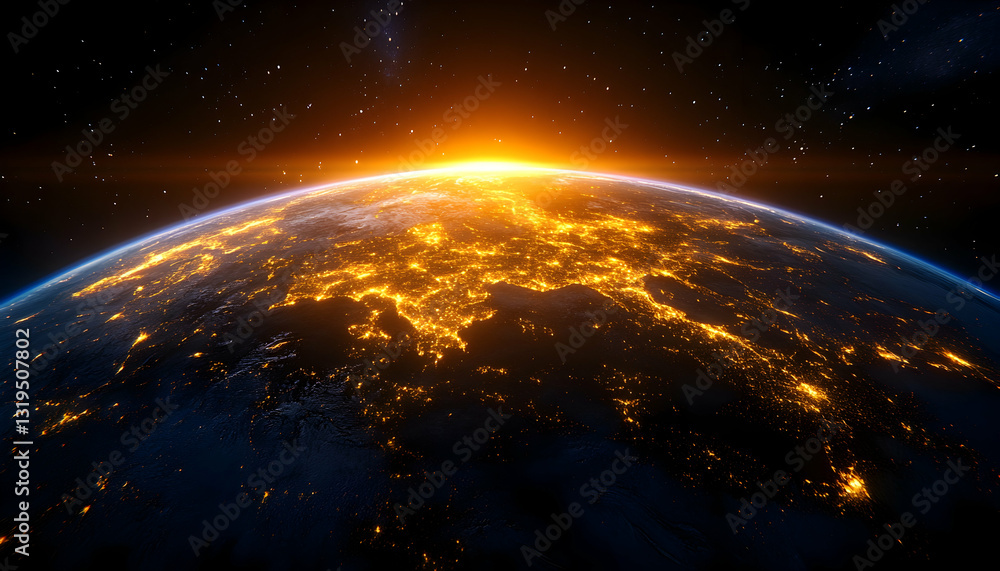 Obraz premium Earth at dawn, illuminated by city lights