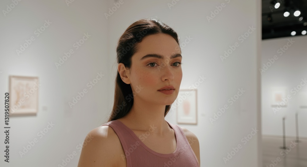 Young caucasian female observing art in modern gallery setting Young caucasian female observing art in modern gallery setting