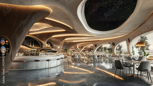 Luxury space hotel restaurant with views of Saturn’s rings, modern and sleek design