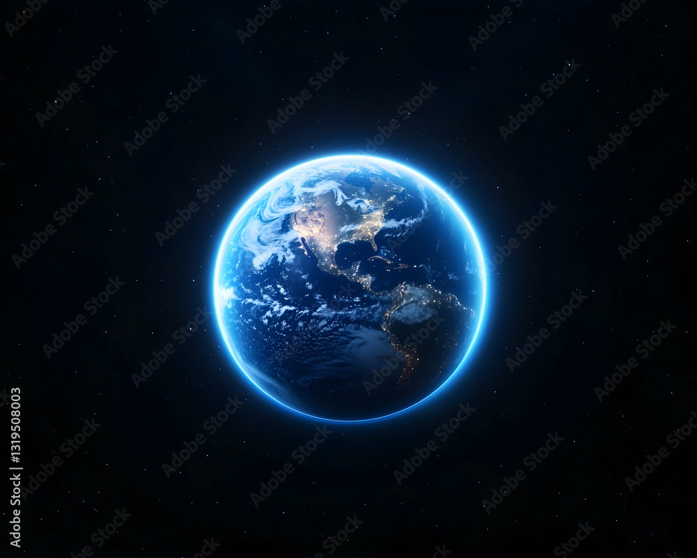 Fototapeta premium Earth seen from space, glowing blue