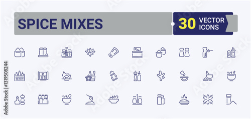 Spice Mixes icon set. Contains such icons as condiment, kitchen, Powder, Salt, ingredients and more. Spices icon collection. Sign and Symbol. Vector icons editable stroke.