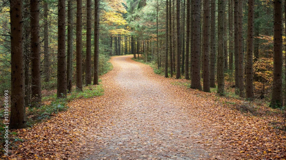 Fototapeta premium gently winding forest trail during autumn leaves carpeting ground in vibrant hues leads into horizon
