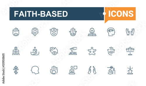 Faith-based line icons. Contains such icons as spirit, peace, lotus, meditation, relaxation, health, relax, wellness. Spiritual simple icon designs. Editable vector illustration.