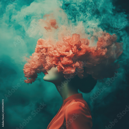 woman with floral headpiece surrounded by colorful smoke, creating surreal and artistic atmosphere. vibrant colors evoke sense of mystery and beauty