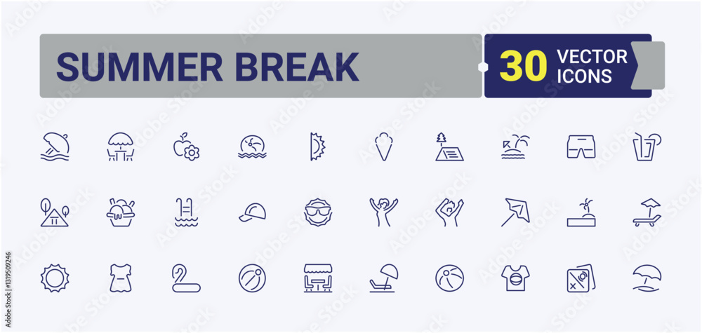 Summer Break simple icon. Included plane, ball, mask, ice, Vacation, Tourism, tree, vacation, travel. Summer icon pack. Thin linear style icons. Minimalistic icon collections. Summer Break simple icon. Included plane, ball, mask, ice, Vacation, Tourism, tree, vacation, travel. Summer icon pack. Thin linear style icons. Minimalistic icon collections.